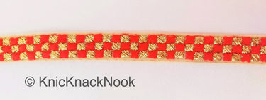 Beige Net Lace Trim With Beautiful Brown / Red And Gold Embroidery, Approx. 20mm wide